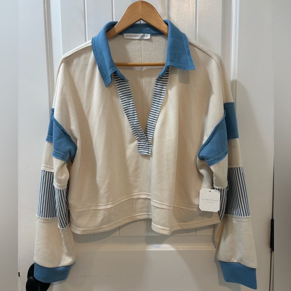 Altar'd State Blake Striped Polo Cropped Pullover Long Sleeve Size Large - Picture 2 of 7
